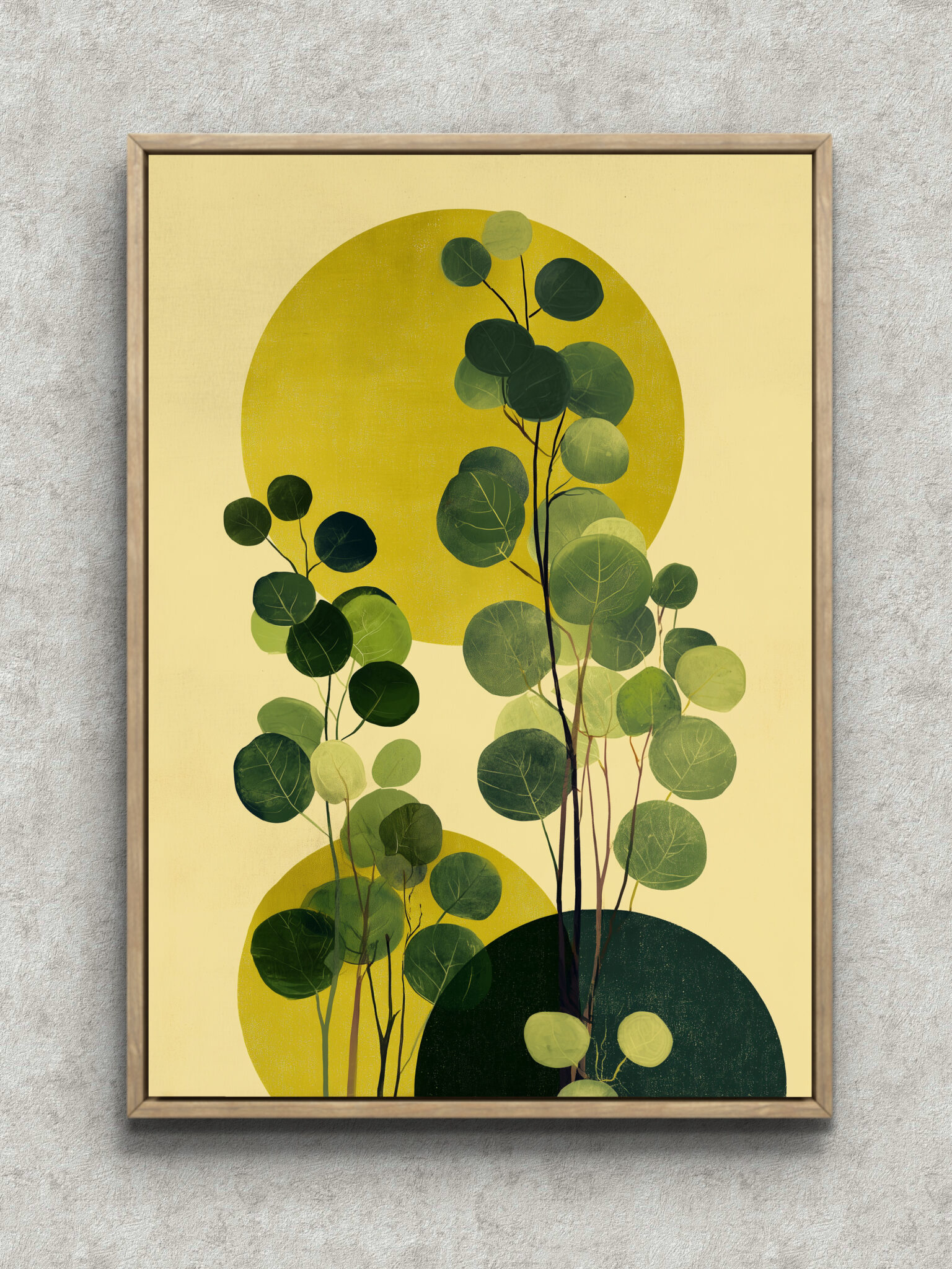 round-leaf-green-botanical-art-main-1-ma-10284.jpg 丸い葉が重なる緑のボタニカルアートパネル フレーム設置イメージ