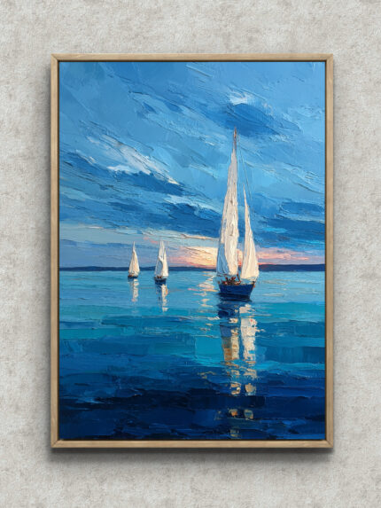 夕暮れの海を進む白い帆船を描いた風景アート フレーム設置イメージ