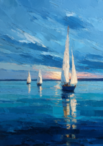 夕暮れの海を進む白い帆船を描いた風景アート