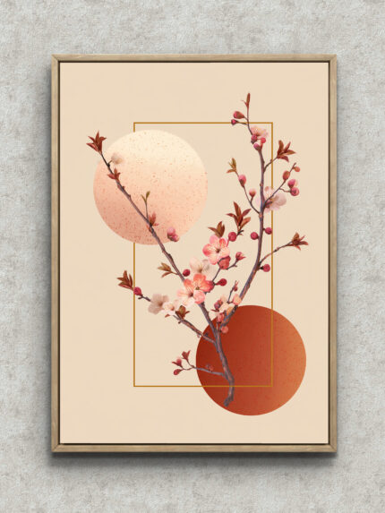 淡い円形背景に桜風の花枝を描いた縦構図のフラワーアート フレーム設置イメージ