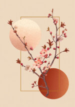 淡い円形背景に桜風の花枝を描いた縦構図のフラワーアート