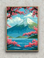 桜越しに富士山と湖面を描いた春の山 アートパネル フレーム設置イメージ