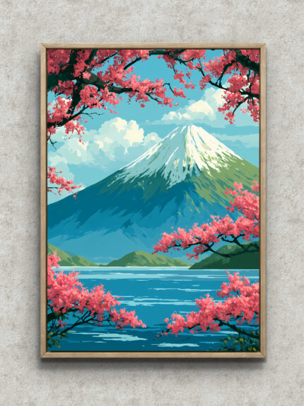 桜越しに富士山と湖面を描いた春の山 アートパネル フレーム設置イメージ