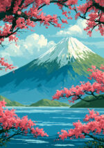 桜越しに富士山と湖面を描いた春の山 アートパネル