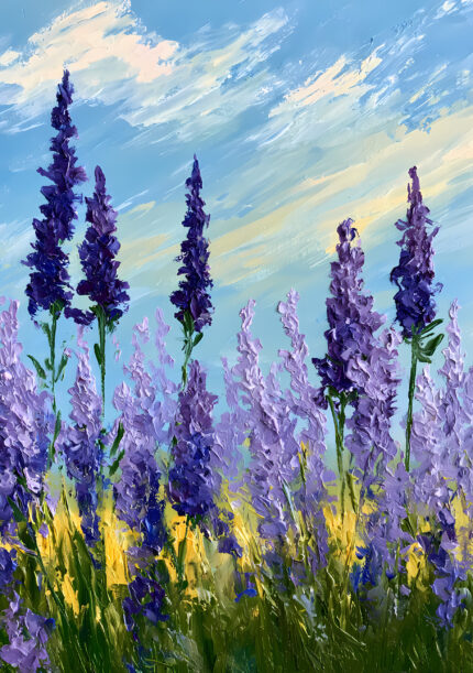 青空と紫の花穂が広がる野原を描いた縦構図のフラワーアートパネル