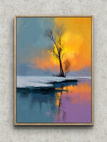 雪原に立つ裸木と水面の反射を描いた抽象アート フレーム設置イメージ