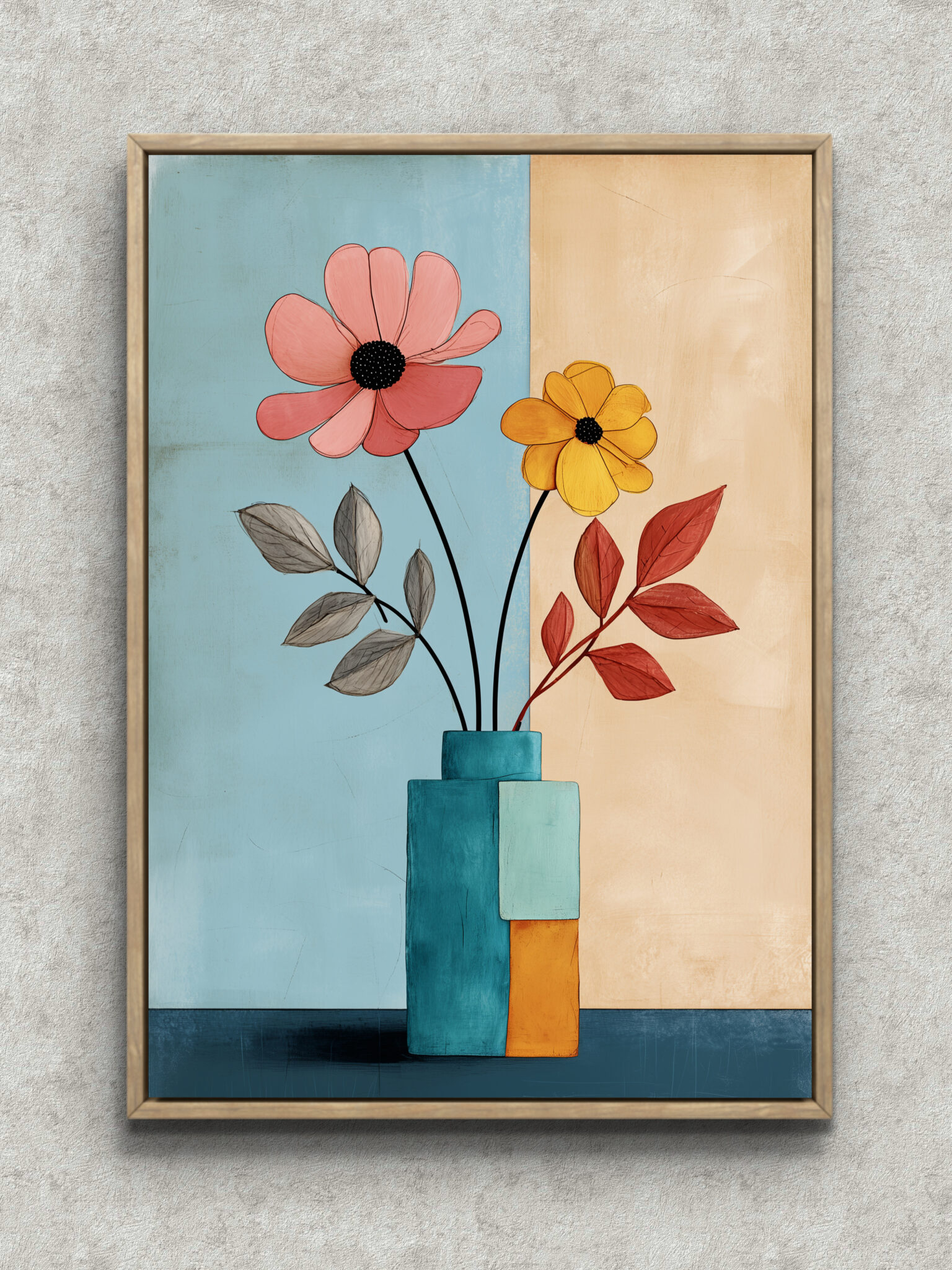 soft-blue-beige-flower-art-main-1-ma-10254.jpg 水色とベージュの背景に花と葉を描いた縦構図のフラワーアート フレーム設置イメージ