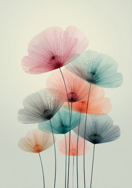 細い線で花が重なる淡色のフラワーアート