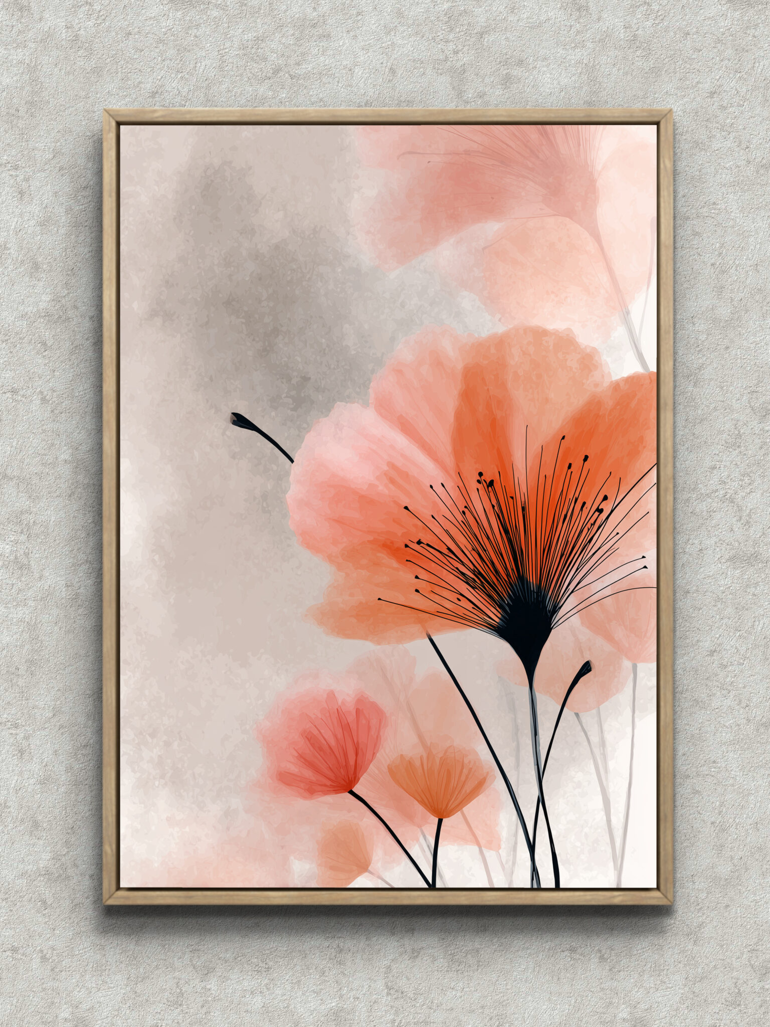 soft-pink-orange-flower-art-main-1-ma-10273.jpg 淡いピンクとオレンジの花を線画で描いた縦構図のフラワーアート フレーム設置イメージ