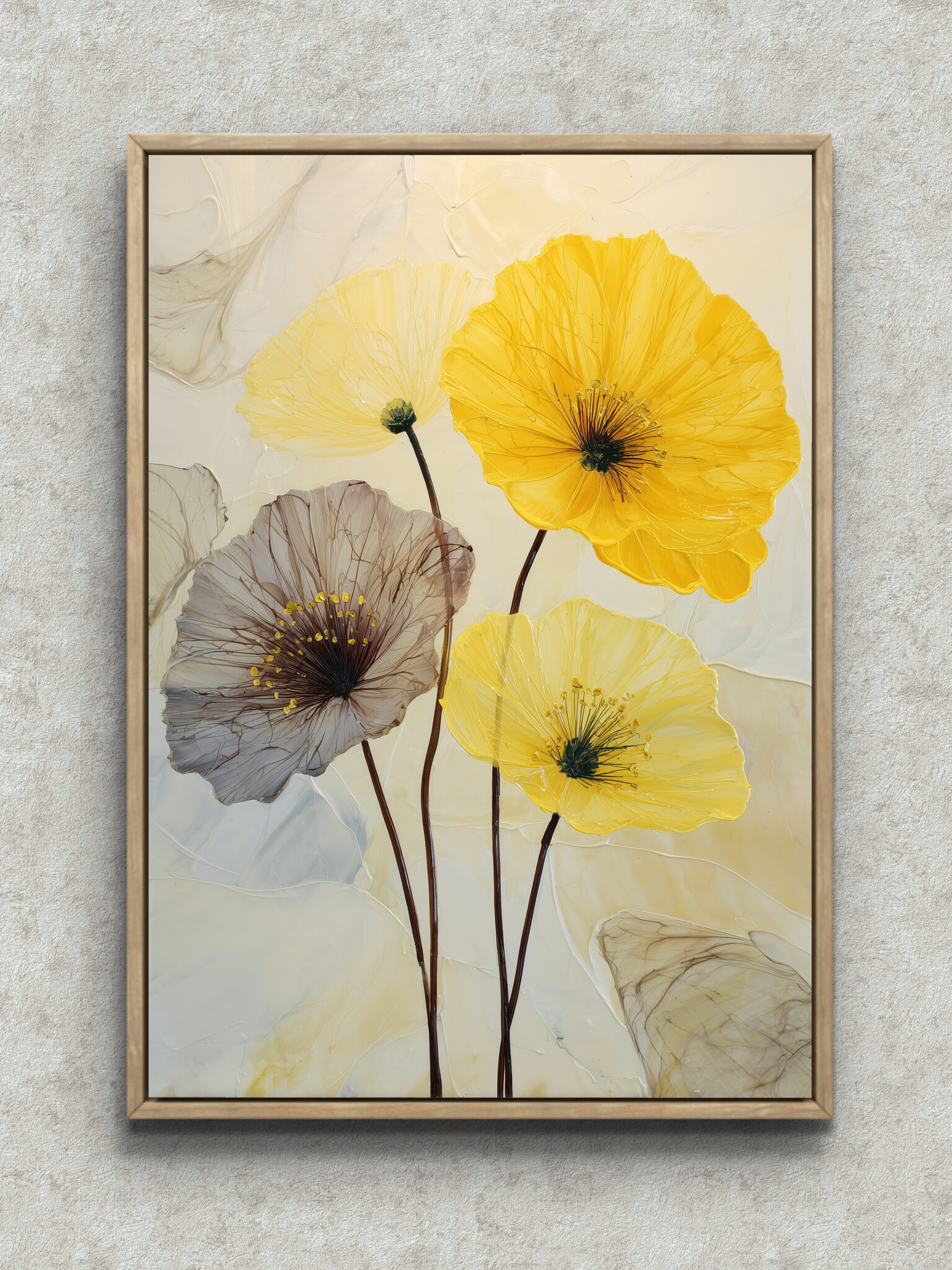 soft-yellow-gray-flower-art-main-1-ma-10271.jpg 黄色とグレーの花がやわらかく重なる縦構図のフラワーアート フレーム設置イメージ