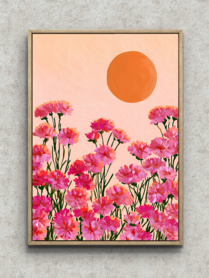 大きな太陽とピンクの花畑を描いた春らしいフラワーアートパネル フレーム設置イメージ