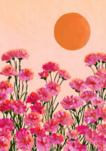 大きな太陽とピンクの花畑を描いた春らしいフラワーアートパネル