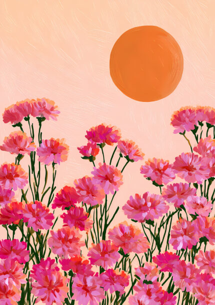 大きな太陽とピンクの花畑を描いた春らしいフラワーアートパネル
