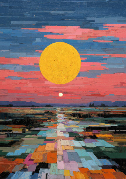 大きな黄色い太陽と奥へ伸びる道を描いた風景アートパネル