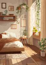 窓辺の光と観葉植物を描いたベージュ ボタニカルアートパネル