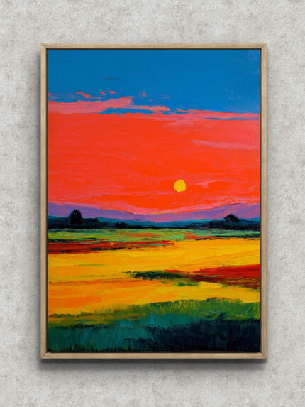 青い空と赤橙の夕景、小さな太陽を描いたサンセット フィールド アート フレーム設置イメージ