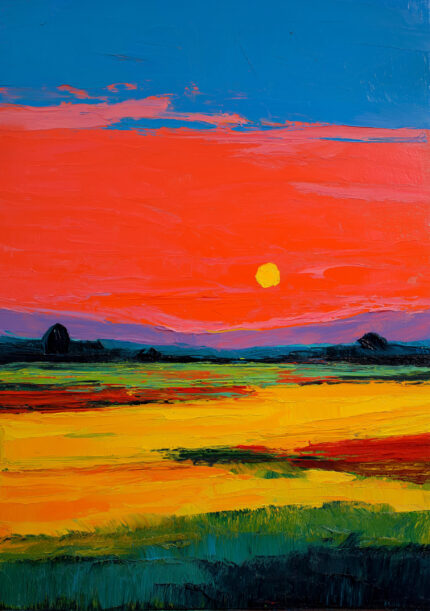 青い空と赤橙の夕景、小さな太陽を描いたサンセット フィールド アート