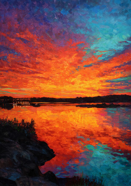 燃える夕焼け空と湖面の反射を描いた縦構図の風景アート