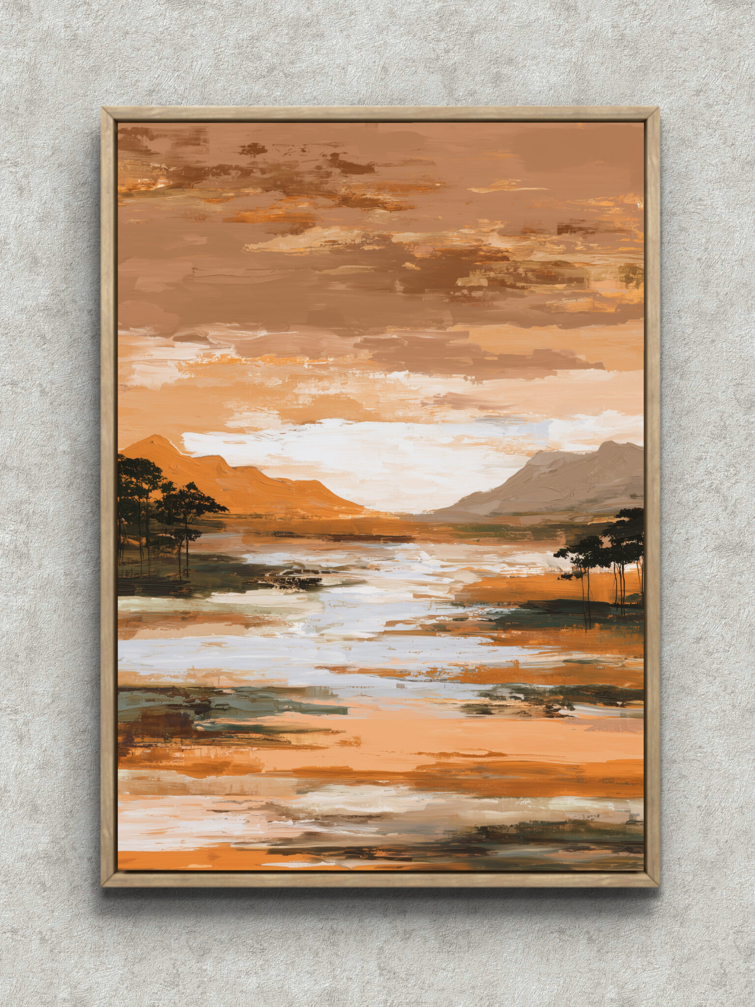 sunset-mountain-water-landscape-art-main-1-ma-10286.jpg 夕焼け色の山並みと水面を描いた縦長の風景アート フレーム設置イメージ