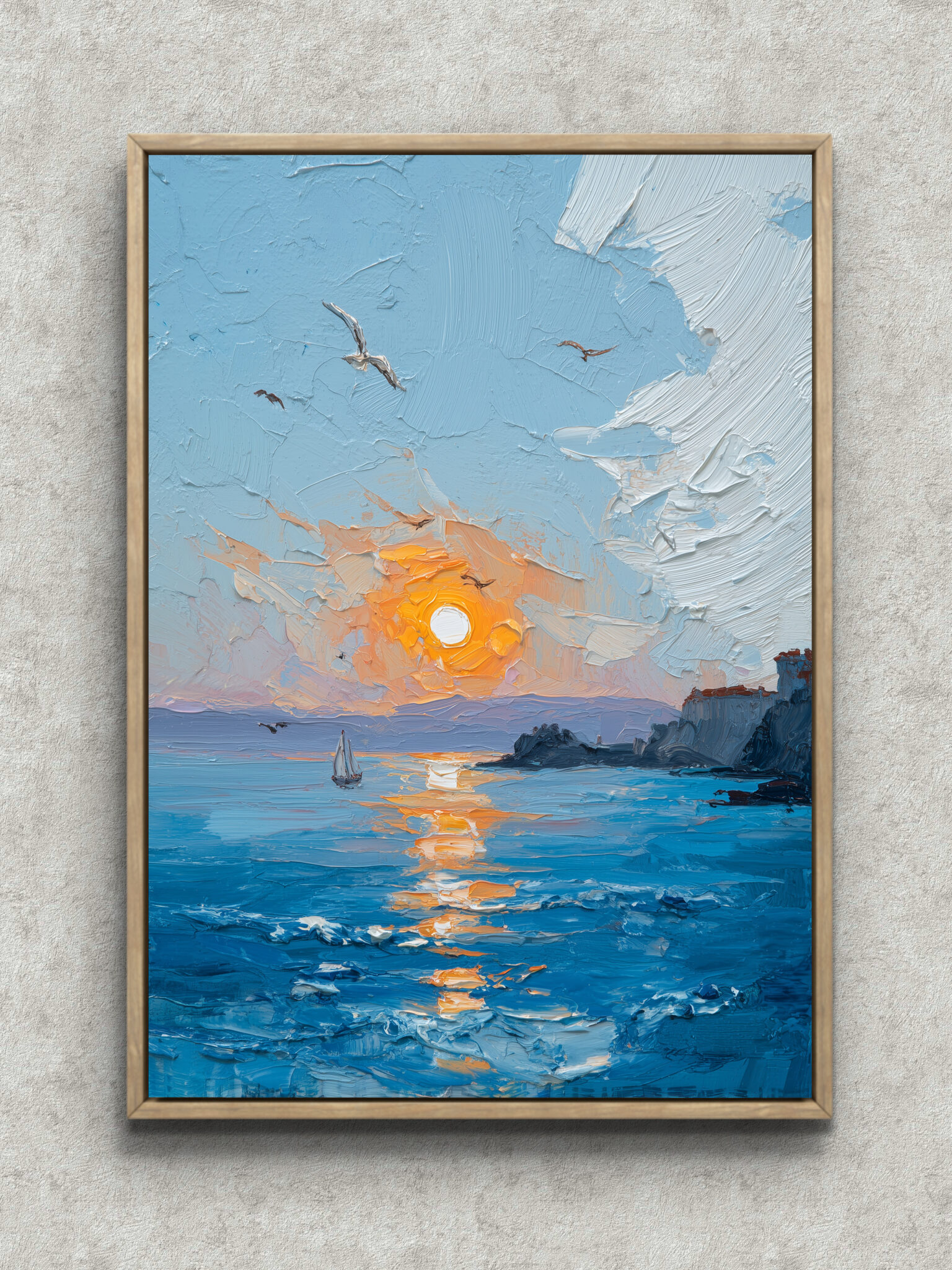 sunset-sail-seascape-art-main-1-ma-10234.jpg 夕日と帆船を描いた青い海の風景アート フレーム設置イメージ