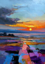 夕焼けの海と水平線を厚塗りの色面で描いた縦構図の抽象アート
