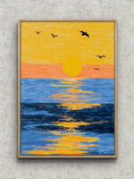 夕焼けの海に沈む太陽と鳥影を描いた風景アート フレーム設置イメージ