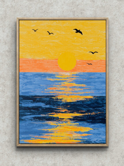 夕焼けの海に沈む太陽と鳥影を描いた風景アート フレーム設置イメージ