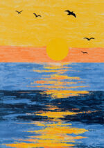 夕焼けの海に沈む太陽と鳥影を描いた風景アート