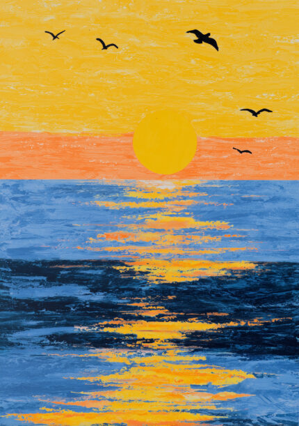 夕焼けの海に沈む太陽と鳥影を描いた風景アート