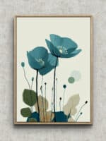 青緑の花と細い茎が縦に伸びるリーフ アートパネル フレーム設置イメージ