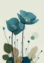 青緑の花と細い茎が縦に伸びるリーフ アートパネル