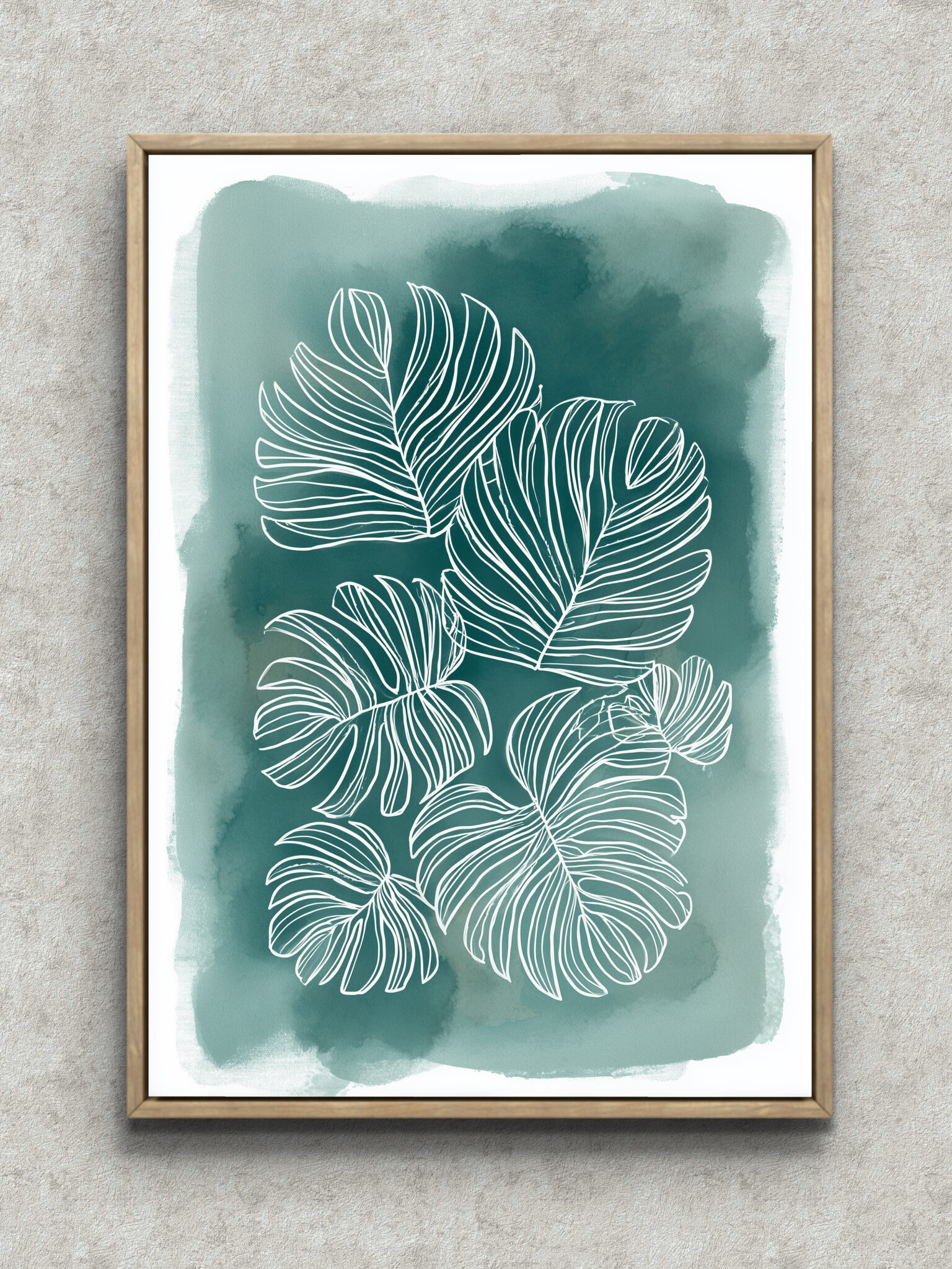teal-white-vein-leaf-botanical-art-main-1-ma-10266.jpg ティールの水彩地に白い葉脈線が映える大きな葉のボタニカルアート フレーム設置イメージ