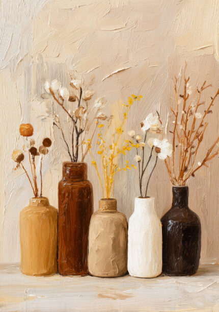 ベージュの花瓶とドライフラワーを描いたフラワーアート