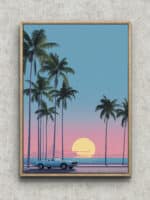 夕暮れの海辺にヤシ並木とブルーのオープンカーを描いたヴィンテージ ブルー 風景アートパネル フレーム設置イメージ