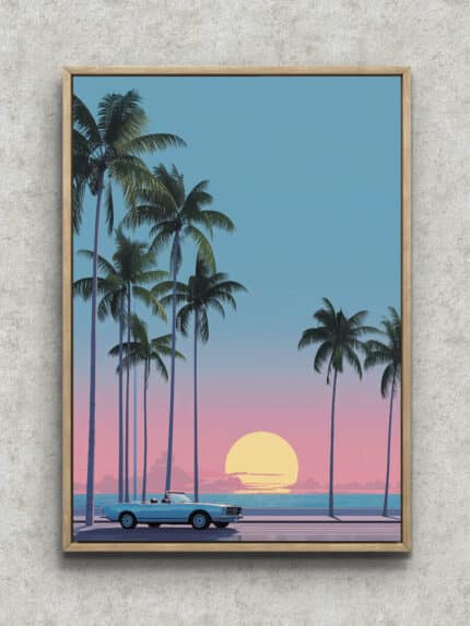 夕暮れの海辺にヤシ並木とブルーのオープンカーを描いたヴィンテージ ブルー 風景アートパネル フレーム設置イメージ