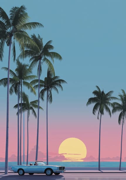 夕暮れの海辺にヤシ並木とブルーのオープンカーを描いたヴィンテージ ブルー 風景アートパネル