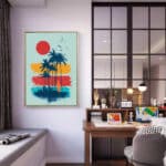 リビングに飾った夕焼けのヤシモチーフのヴィンテージ調アートのアートパネル 設置イメージ 8