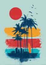 夕焼けのヤシの木とサーフボードを描いたヴィンテージ調の縦長モダンアートパネル