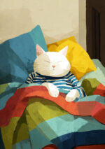 しましま服の白い猫とカラフルな布を描いた絵本風アートパネル