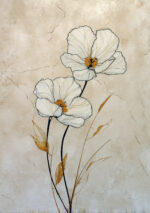 白い花と金色の葉を繊細な線で描いた縦長のフラワーアート