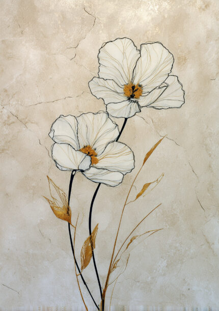 白い花と金色の葉を繊細な線で描いた縦長のフラワーアート