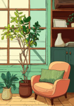 窓辺の観葉植物とオレンジの椅子を描いたグリーン ボタニカルアートパネル