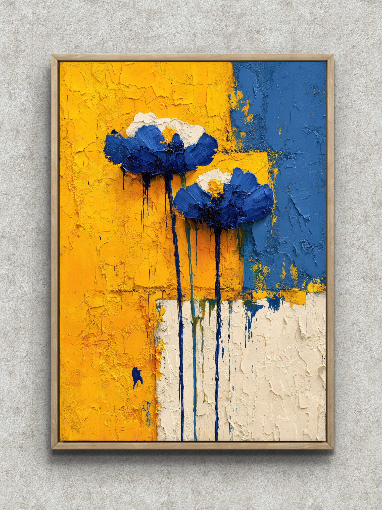 yellow-blue-impasto-abstract-art-main-1-ma-10165.jpg 黄色の背景に青い花のような形と垂れ跡が映えるフラワーアートパネル フレーム設置イメージ