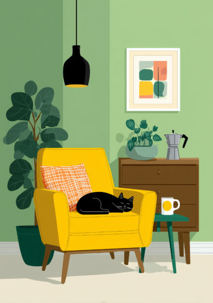 黄色の椅子で眠る黒猫と観葉植物を描いたイエロー ボタニカルアートパネル