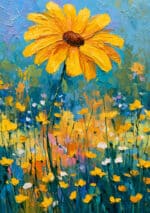 大きな黄色い花と青空色の草原を描いた縦構図のフラワーアートパネル