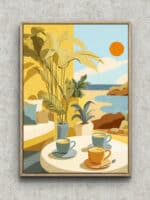 大きな葉とカップ、海辺の景色を描いたイエロー 風景アートパネル フレーム設置イメージ
