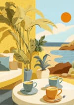 大きな葉とカップ、海辺の景色を描いたイエロー 風景アートパネル