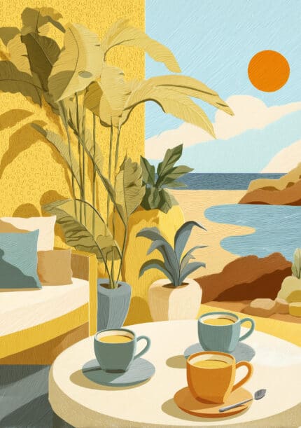 大きな葉とカップ、海辺の景色を描いたイエロー 風景アートパネル