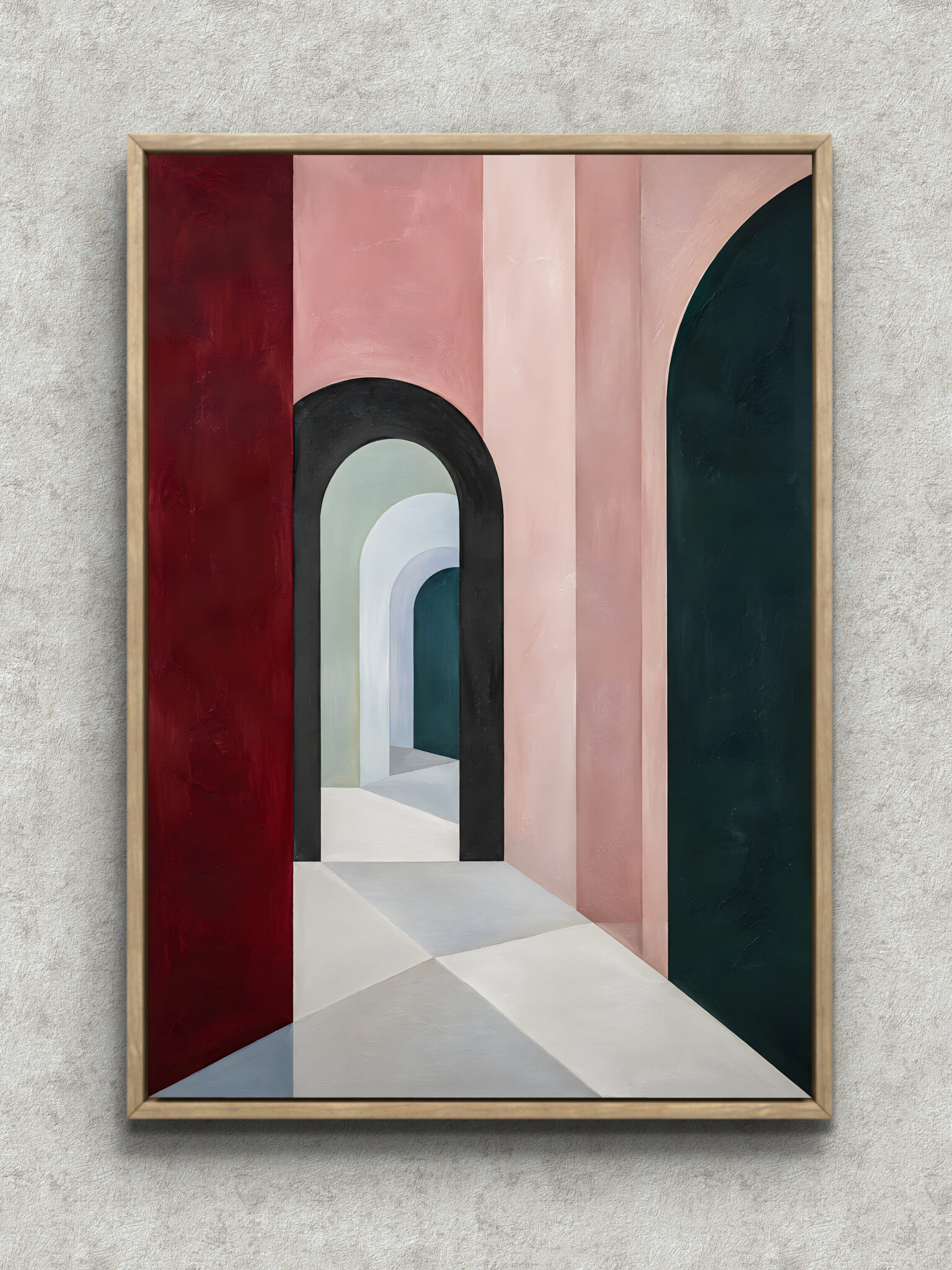 arched-corridor-abstract-interior-art-main-1-ma-10830.jpg 連なるアーチと幾何学的な床面を描いた抽象 インテリアアート フレーム設置イメージ