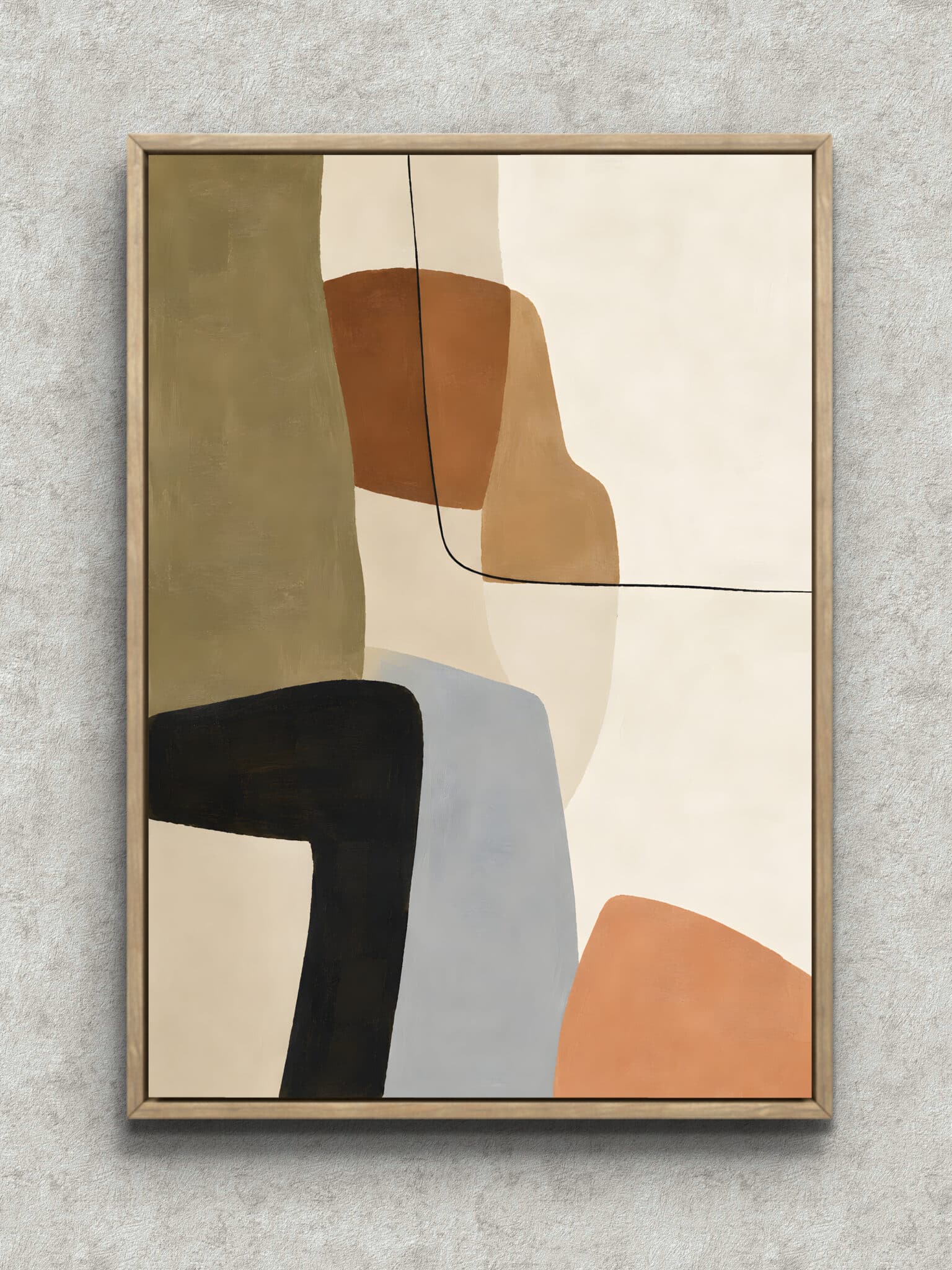 beige-black-minimal-abstract-interior-art-main-1-ma-10746.jpg ベージュの色面と黒い細線で構成された縦長の抽象 インテリアアート フレーム設置イメージ